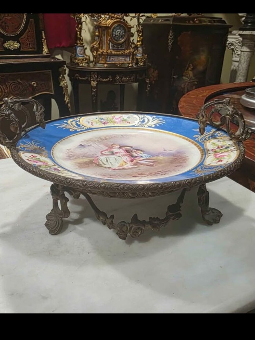 Antique French Porcelain Centerpiece Bowl with Ornate Bronze Ormolu Stand